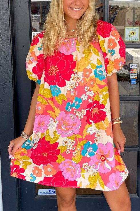 Charming Floral All Over Print Bubble Short Sleeve Summer Day Dress